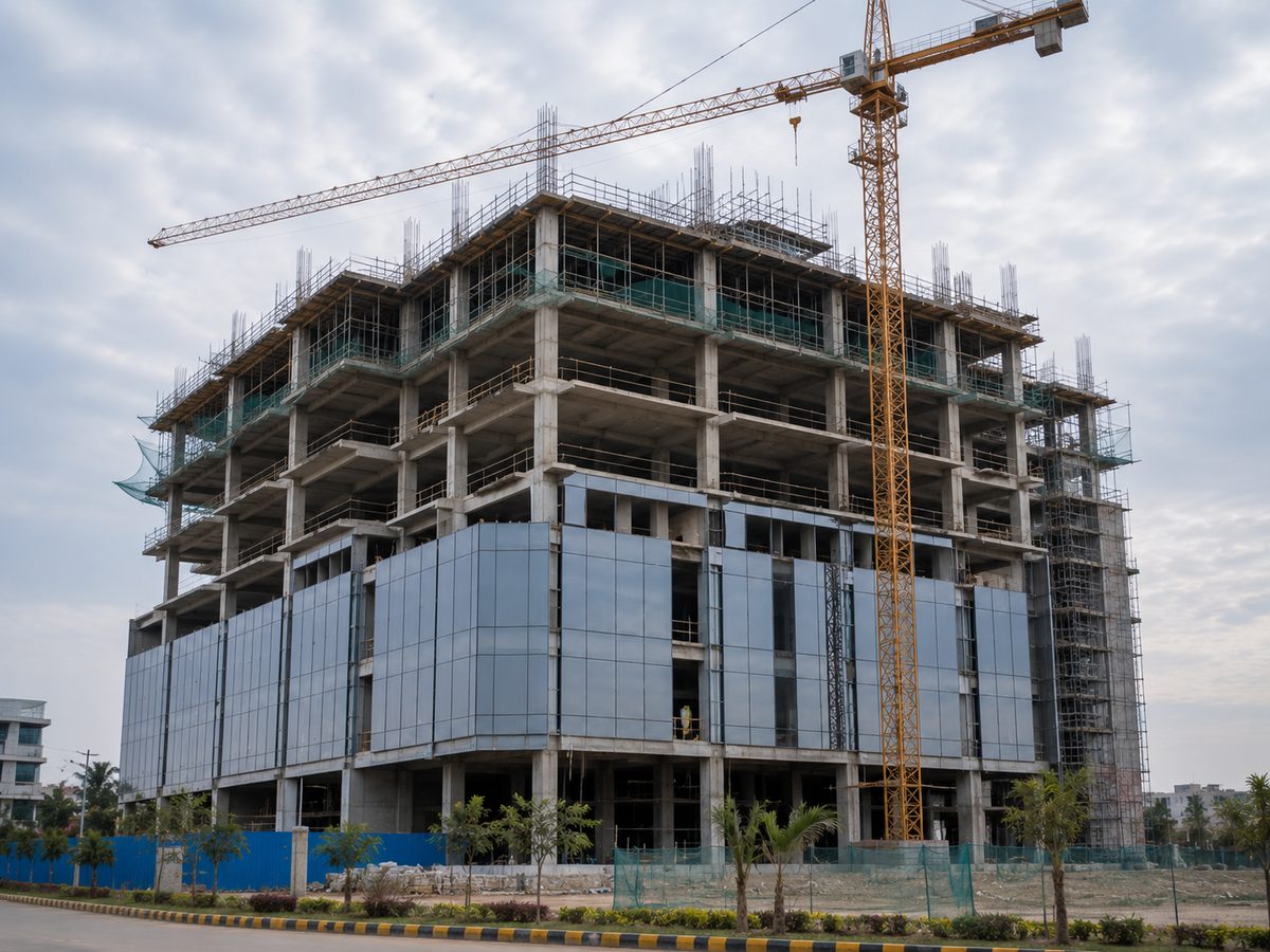 Commercial building under construction with tower crane
