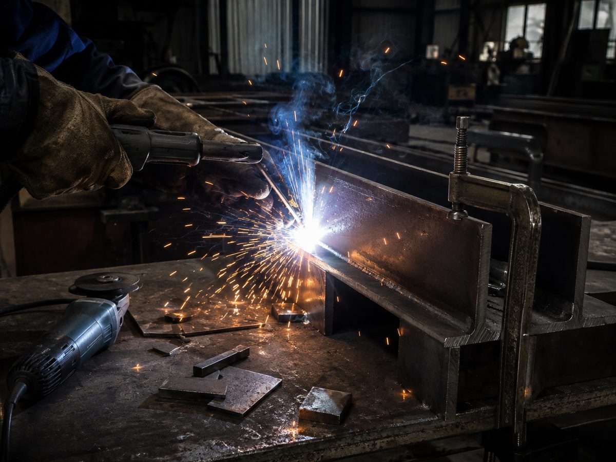 Structural section being welded in a fabrication workshop