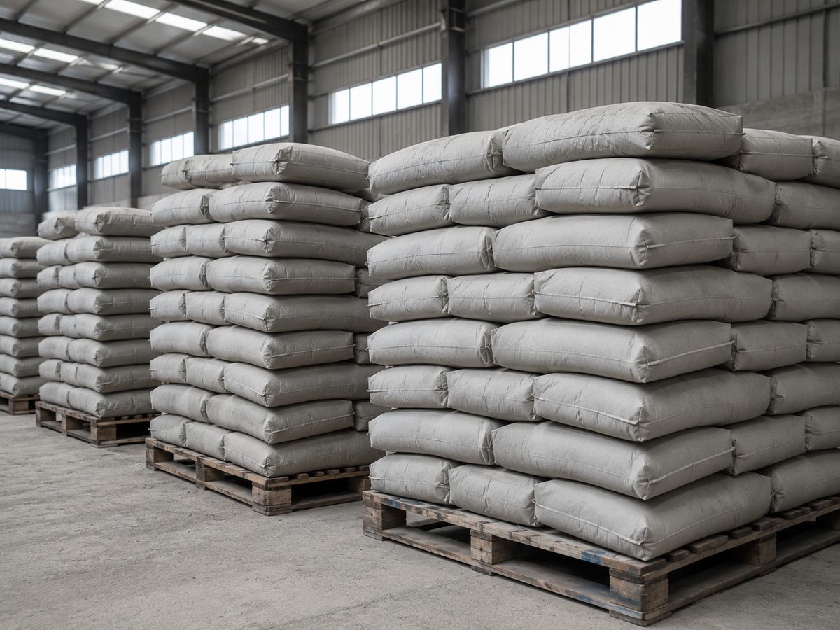 Cement bags stacked on pallets in the godown