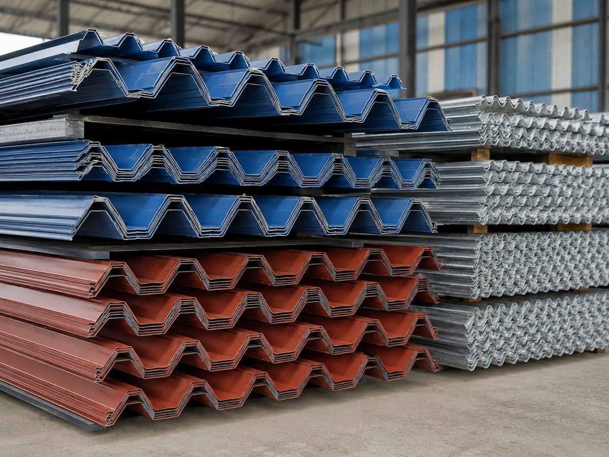 Colour coated profile sheets and GI corrugated sheets stacked