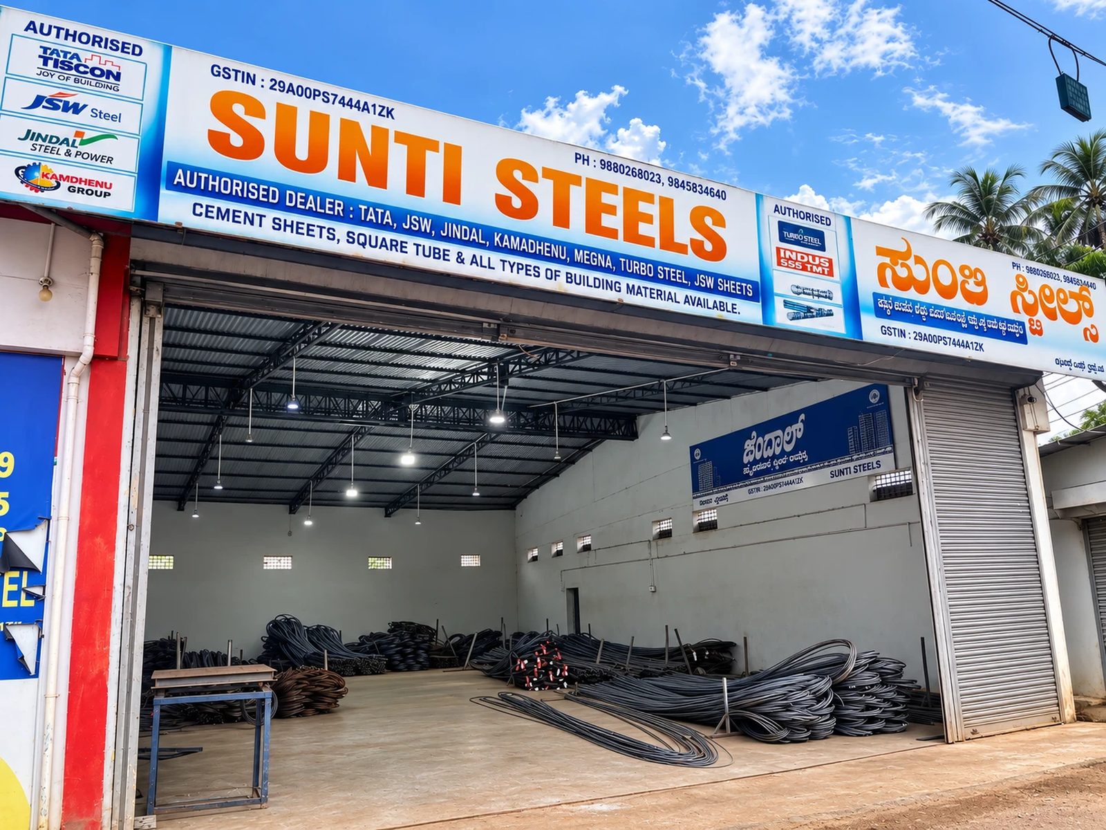 Racks of steel inside the Sunti Steels godown